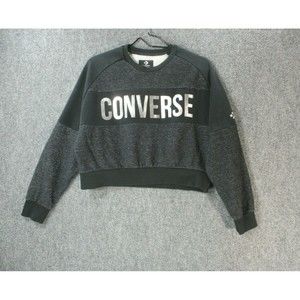Converse Crop Sweatshirt Womens Small *Flaw Black Silver Foil Block Letter Logo
